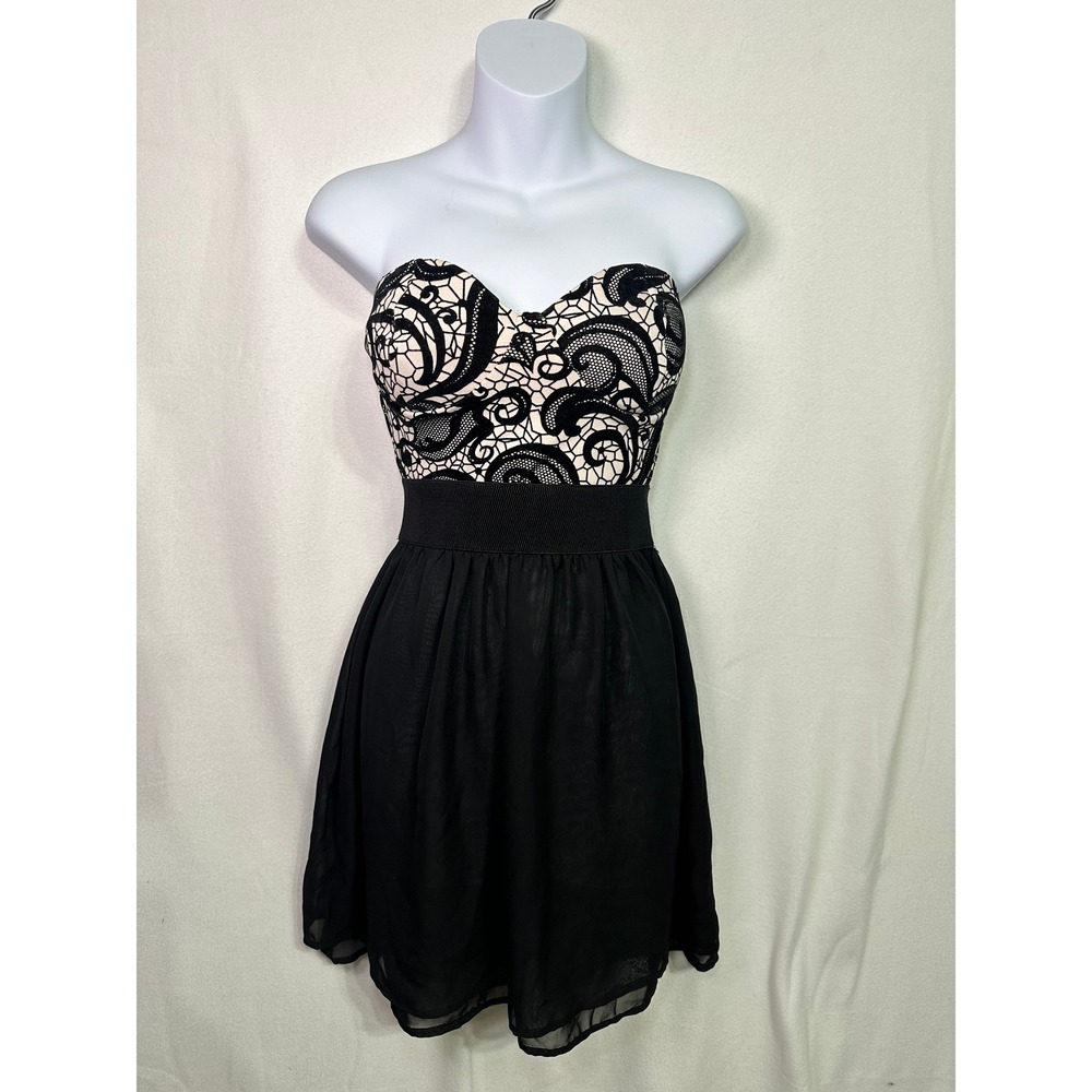 rue21 Womens Strapless‎ Lace Y2K Sweetheart Fit & Flare Dress Black Cream Small